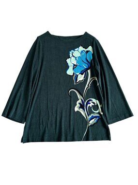 Chicos Women's Sz Medium Travelers Floral Tunic Top 3/4 Sleeves Stretchy